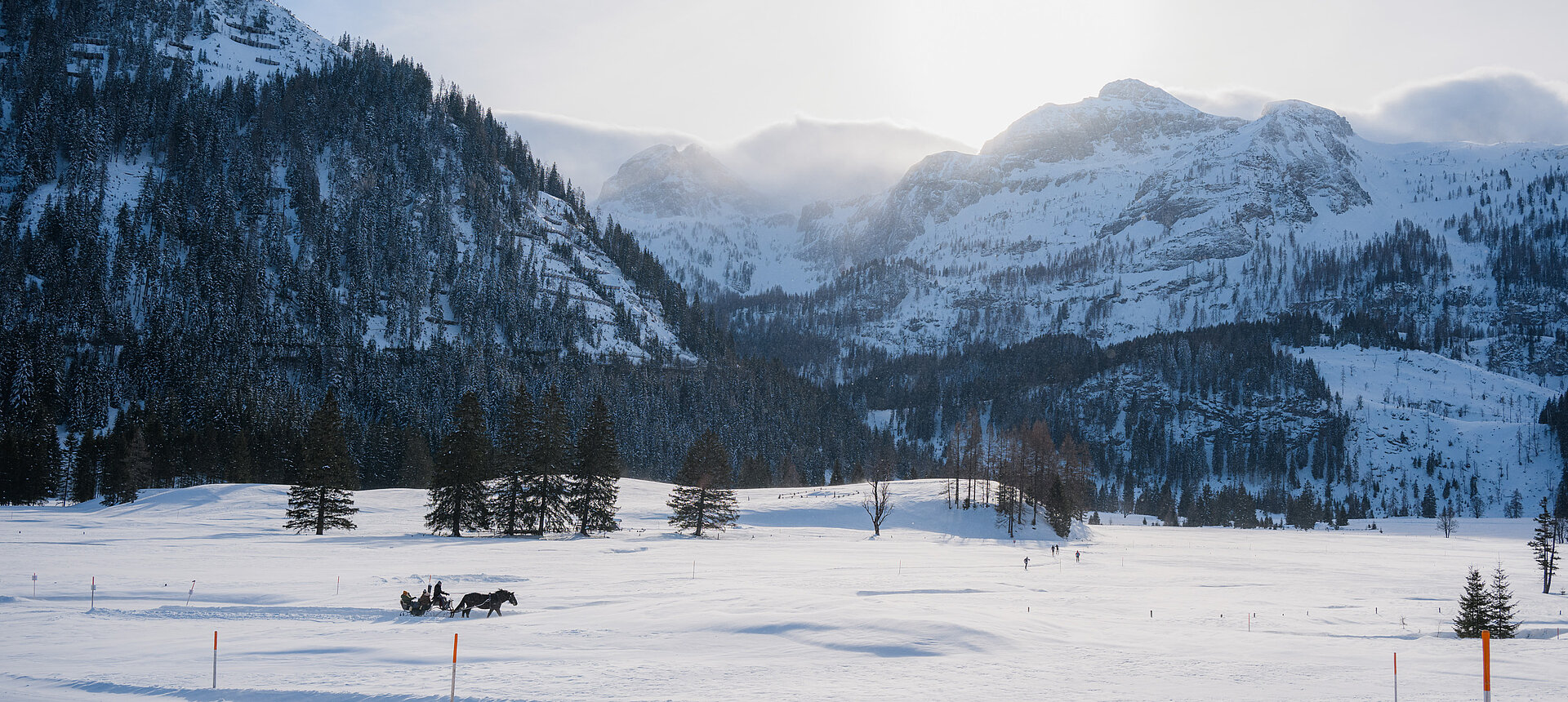 Eine winterliche Landschaft mit einem Pferdeschlitten von der Gnadenalm