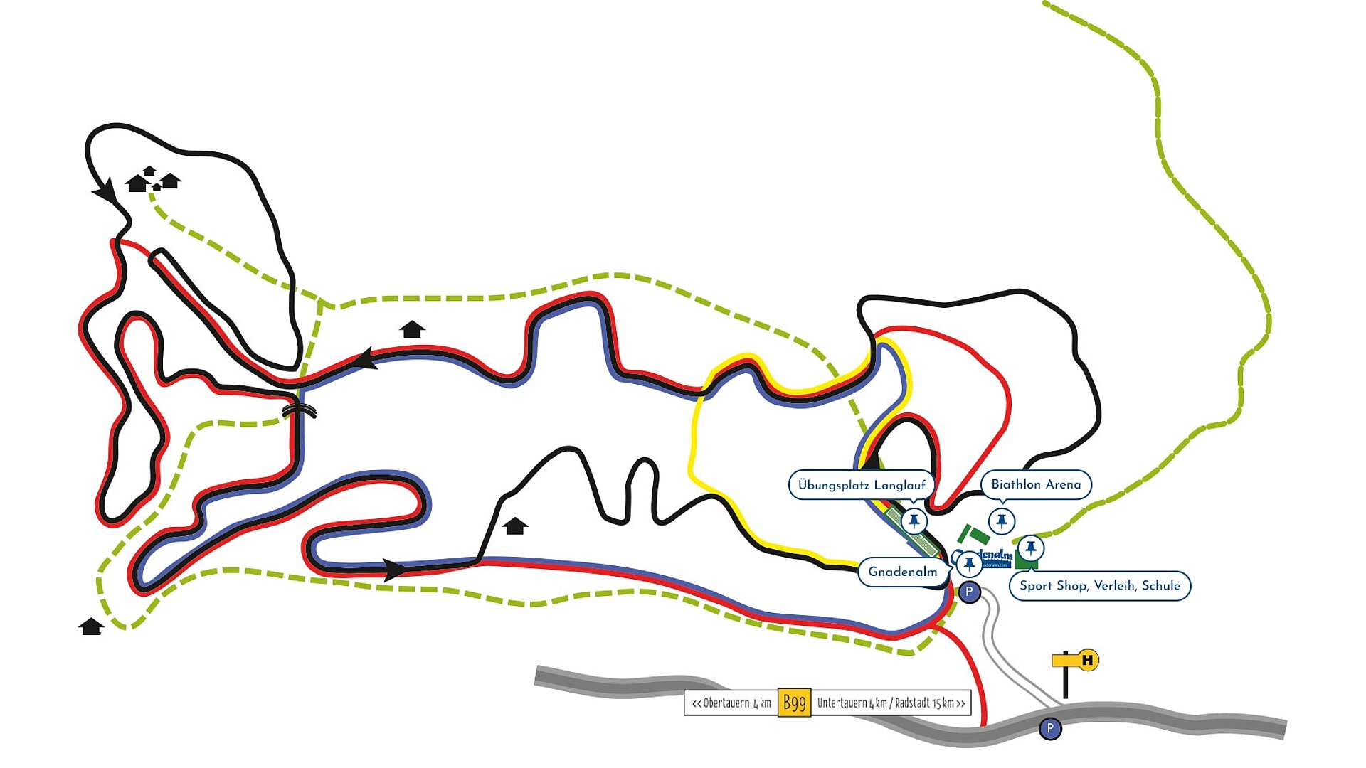 Loipenplan mit Markierungen zur Gnadenalm, Übungsplatz Langlauf, Biathlon Arena und Sport Shop, Verleih, Schule