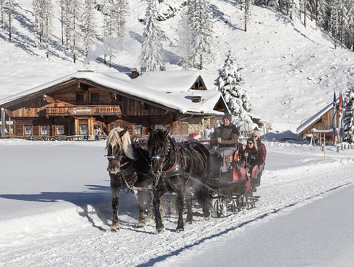 Mehrere Personen fahren mit einem Pferdeschlitten über die winterliche Landschaft