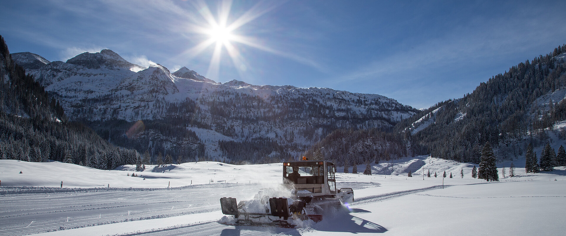 Eine Pistenraupe die die Loipe der Gnadenalm präperiert